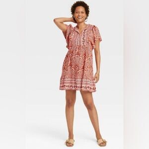 Knox Rose Women's Ruffle Short Sleeve A-Line Dress NWT Small Orange